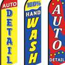 3 Pack Car Wash Sign Feather Flag 12 x 2.5 ft Auto Detail Hand Wash Windless Flags Large Advertising Feather Flag for Business Advertising