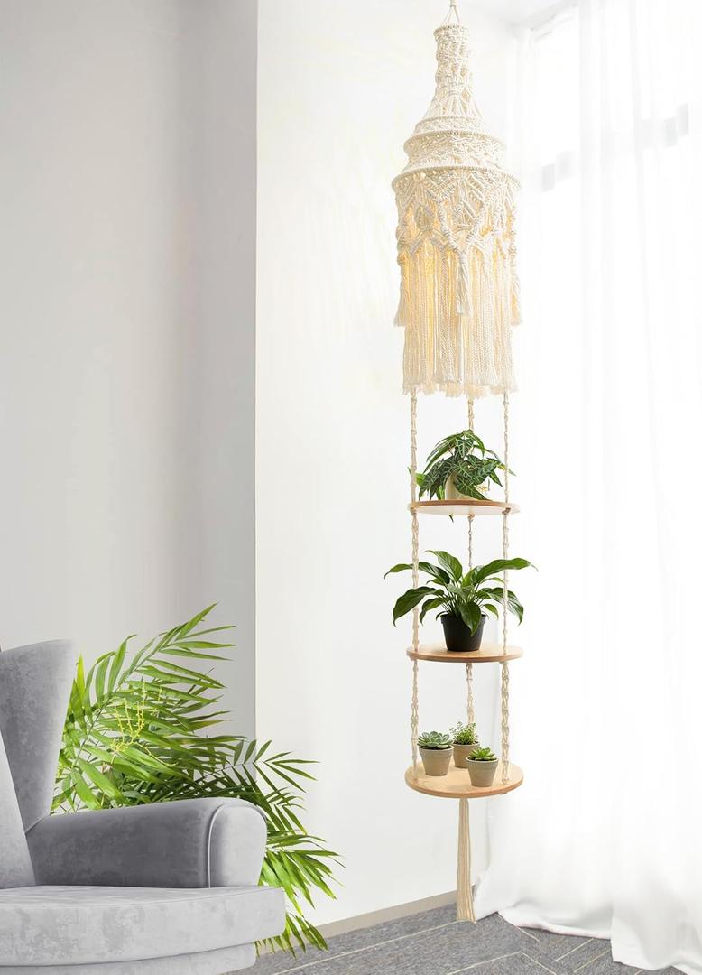 ANROYE 3-Tier Cotton Macrame Hanging Light Fixture Shelf, Boho Corner Pendant Lamp Shade Shelves, Farmhouse Ceiling Plant Hanger Indoor Decor for Women Bedroom Christmas Gift (Beige)