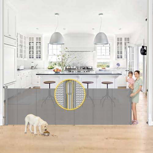 Reinforced 42 Tall x 130 Extra Wide Retractable Dog Gate Extra Tall Pet Gate with Rods to Prevent Crawling Through, Long Baby Gates for Dogs Child Safety Gate Mesh Dog Gate Indoor Outdoor, Gray : Baby