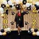 Prom 2026 Party Decorations Set Black and Gold Graduation Party Supplies Prom 2026 Backdrop Signs Balloon Tinsel Foil Fringe Curtains Carpet for Graduation Decoration