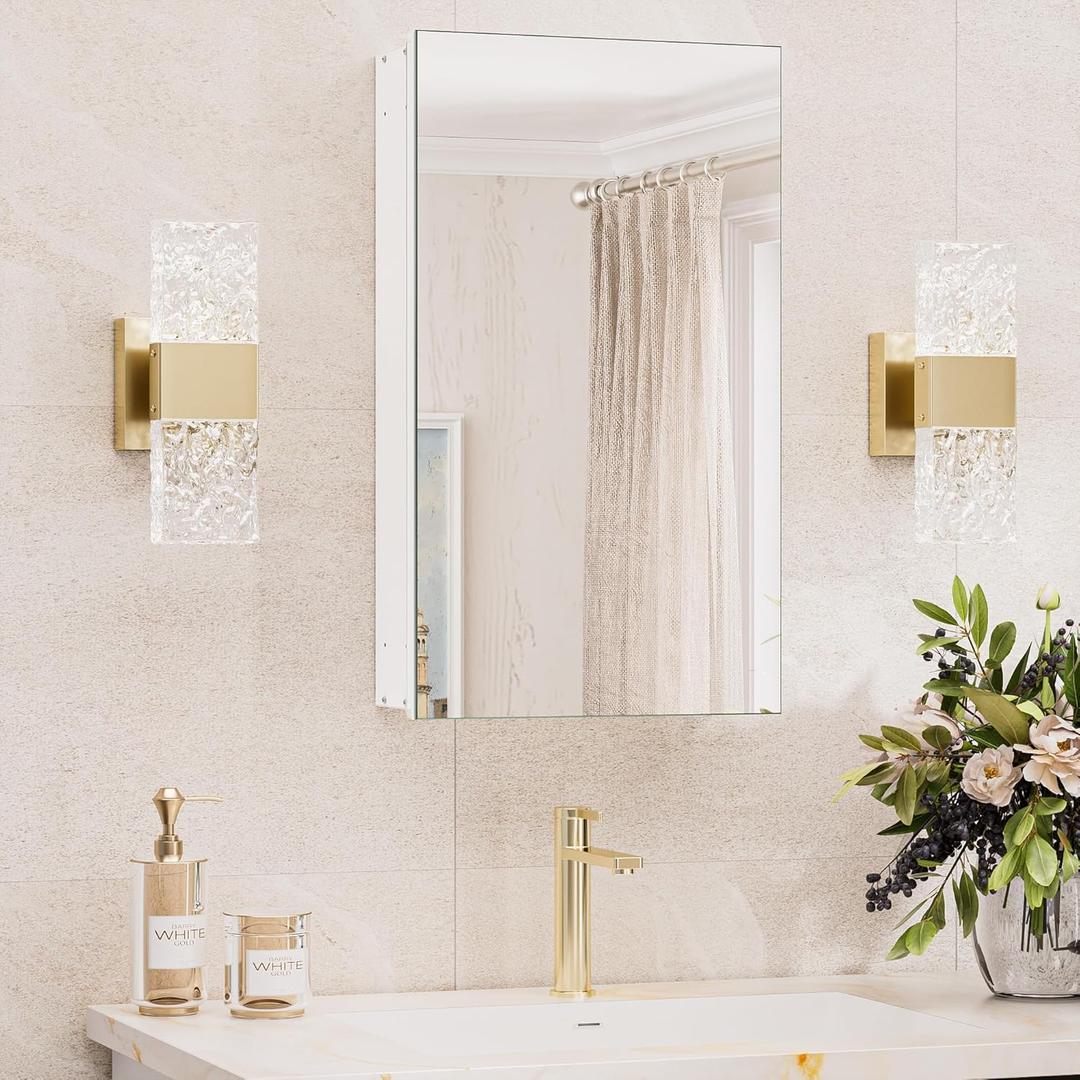 TokeShimi 14x24 Bathroom Mirror with Storage Tempered, Aluminum White Recessed Medicine Cabinet with Mirror Frameless Stepless Adjustable Shelf, Surface Mount Medicine Cabinet for Bathroom