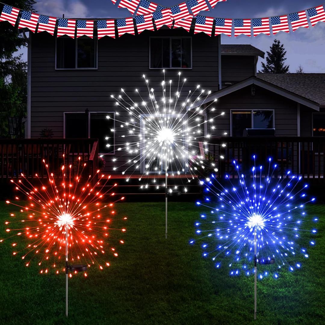 Tujoe 3 Pcs 4th of July Solar Firework Lights Patriotic Solar Light Outdoor Garden 120 LED 8 Modes Waterproof LED Sparkler Light for 250th Anniversary Patio Yard Pathway Walkway (Red,White,Blue)
