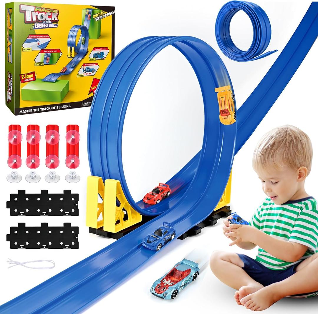 Flexible Race Track for Kids, 16.5 Ft Flex Track Set with 4 Cars & 4 Suction Cups | Roll Up Race Car Track for Indoor & Outdoor Play | Portable Toy Car Ramp Track for Boys & Girls| Birthday Gift