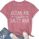 Ocean Air and Salty Hair Womens Graphic T Shirt Causal Short Sleeve Funny Shirt Top Tee Athletic Shirts (Small, Pink)