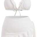 Women's 3 Piece Plus Size Lettuce Trim Bikini Halter Tie Side Triangle Set with Beach Skirt High Cut Bikini Swimsuit (X-Large Plus, White)