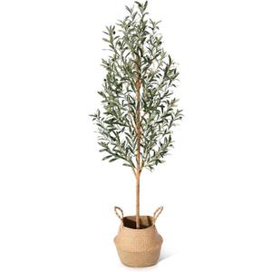 Faux Olive Tree 6FT  Tall Artificial Plants Indoor with Real Wood Trunk & Seagrass Basket, Lifelike Silk Leaves & Fruits  Potted Large Fake Trees for Home, Living Room, Bedroom & Office Decor