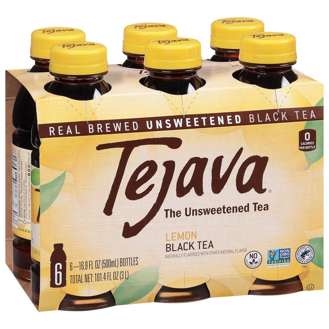 Tejava Lemon Black Iced Tea, 6 Pack, 16.9oz PET Bottles, Unsweetened, Non-GMO, Kosher, No Sugar or Sweeteners, No calories, No Preservatives, Brewed in Small Batches (BBD: 03/06/2026)