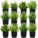 Unittype 12 Pcs Fake Plants Small Artificial Faux Plants for Shelf Mini Plastic Potted Greenery for Home Office Desk Bathroom Bedroom Indoor Decor (Black Pot,Green)