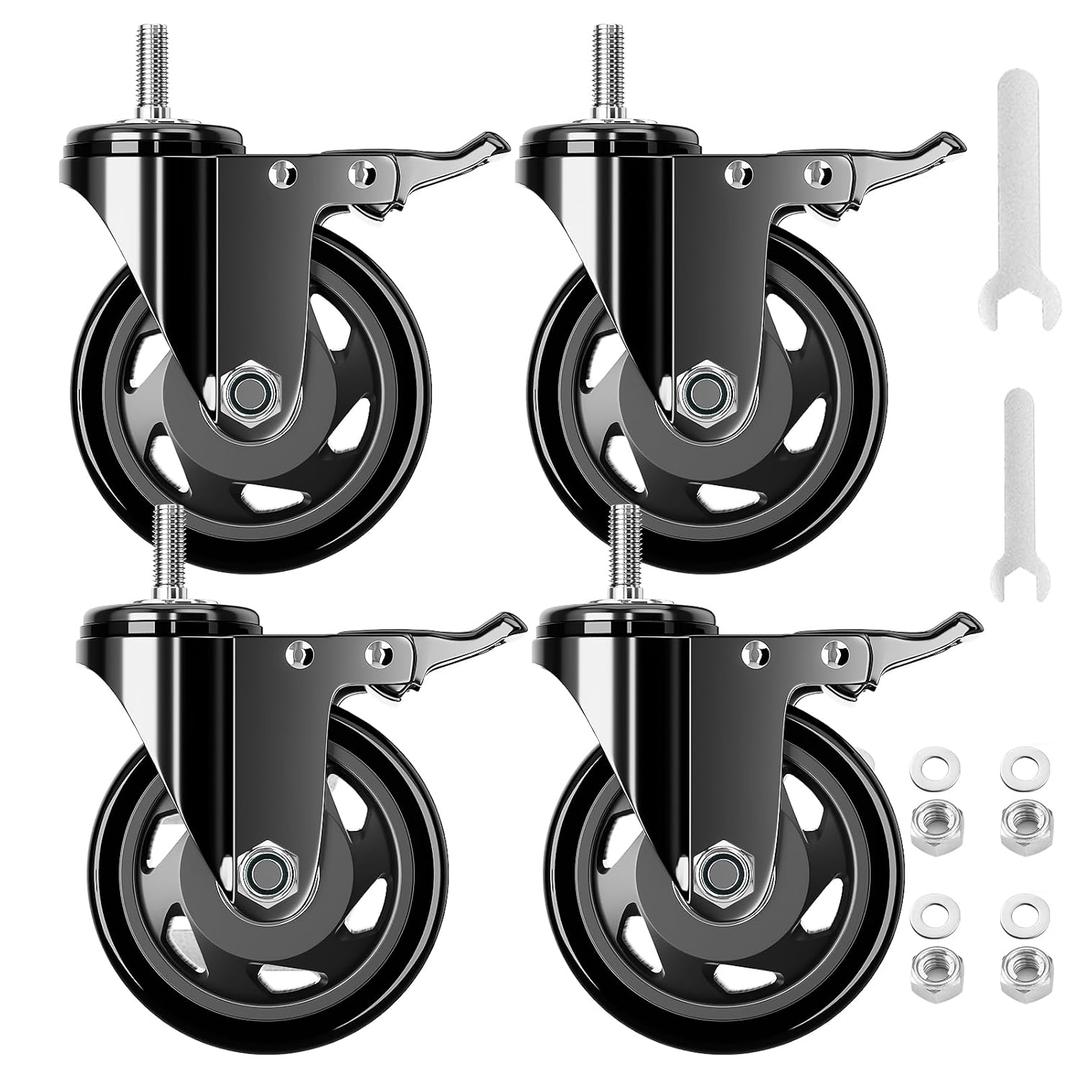 Stem Caster Wheels 4 Inch 2000Lbs, Threaded Stem Casters Set of 4 Heavy Duty, 1/2"-13 x 1 (Screw Diameter 1/2", Stem Length 1"), Safety Dual Locking Industrial Castors, Wheels for Cart, Furniture