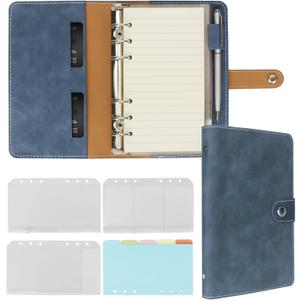 FYY Leather A6 Refillable Notebook - 6 Ring Binder with Pockets, Dividers and Refill Paper - Portable Travel Binder Journal Cover in Navy Pu leather (A-navy)