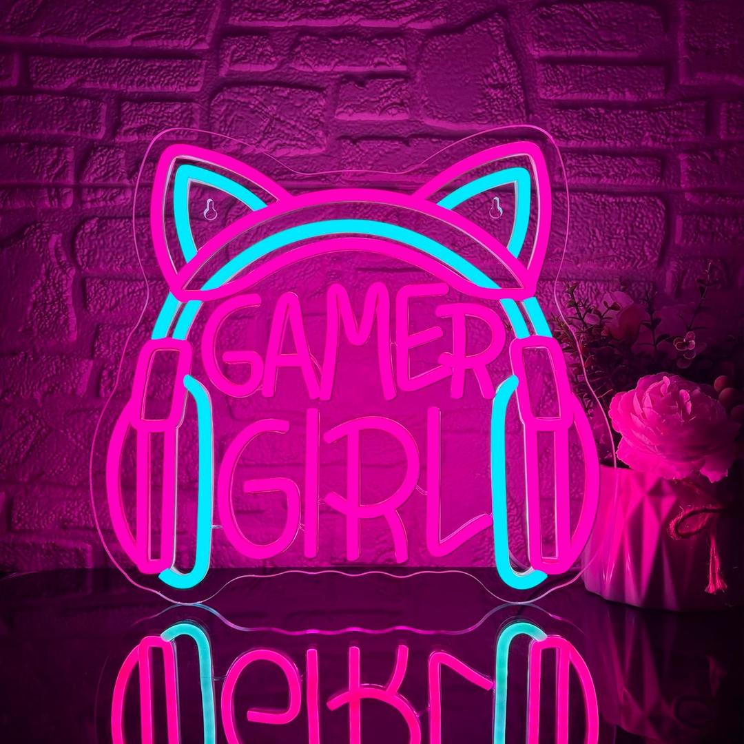 Mutank Gamer Girl Cat Headphones Neon Sign, Game Room Neon Sign USB Powered Game Headphone Sign LED Dimmable, for Gaming Room Bedrooms and Cat Ear Girl Man Caves Decor(13.3 * 12.2 In) (Pink+Blue)