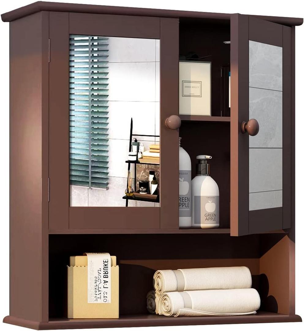 TaoHFE Brown Medicine Cabinets for Bathroom with Mirror 2 Doors 3 Open Shelf Bathroom Hanging Cabinet Wall Mounted Wooden Bathroom Storage Cabinet Over Toilet Bathroom Cabinet Laundry Room Kitchen