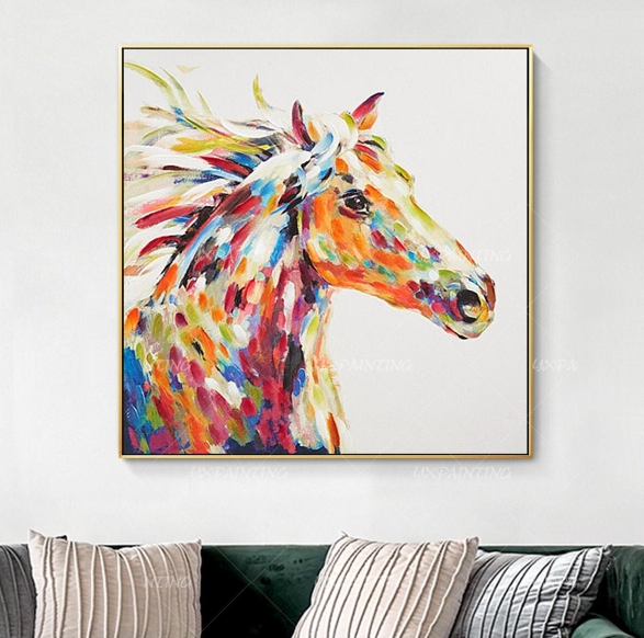 36x36 Horse Portrait,Original Animal Horse Paintings On Canvas Office Decor Large painting framed Wall art 3D Textured bedroom dinning room decor