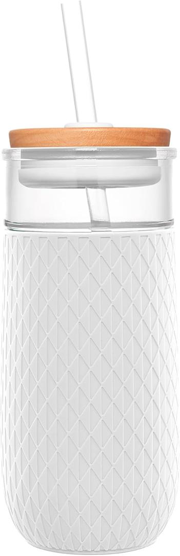 Ello Devon 18oz Glass Tumbler with Straw, Friction Fit Bamboo Wood Lid and Silicone Sleeve | Perfect for Iced Coffee, Tea, Matcha and Smoothies (White)