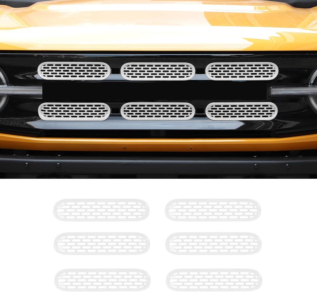Front Grill Mesh Grille Inserts Cover Frame Trims Kit 6Pcs Fit for Ford Bronco 2021-2024 2/4 Door Exterior Accessories (White)
