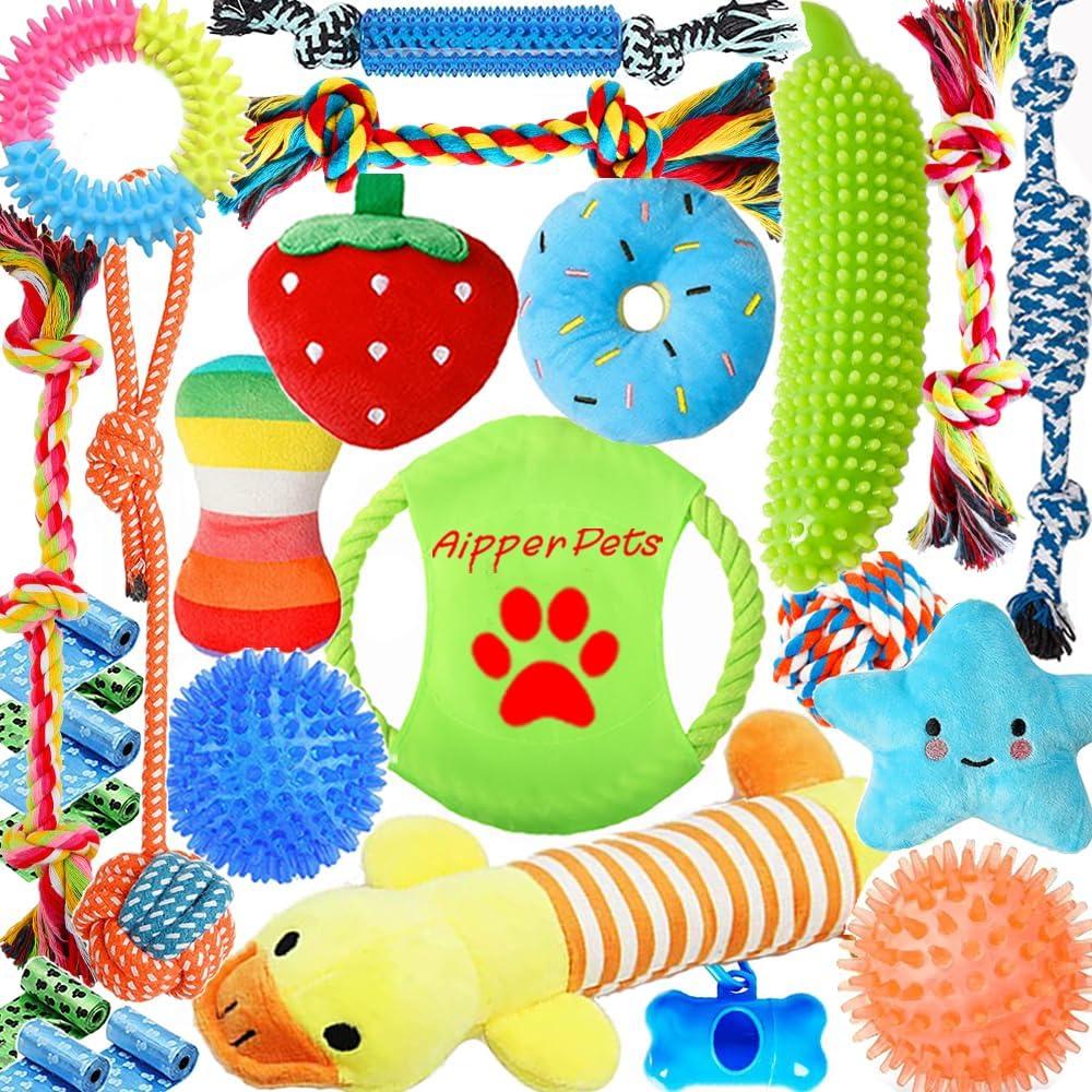Aipper Dog Toys 25 Pack for Fun and Teeth Cleaning, Puppy Chew Toys Pack with Squeak Plush Toy, Squeaky Toy Balls, Tug of War and Rope Toys for Puppy to Small Dogs