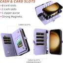 Asuwish Phone Case for Samsung Galaxy S23 Plus S23+ 5G Zipper Wallet Cell Cover with Tempered Glass Screen Protector Strap Flip Card Holder S23plus 23S + S 23 23+ SM-S916U 6.6 inch Women Girls Purple