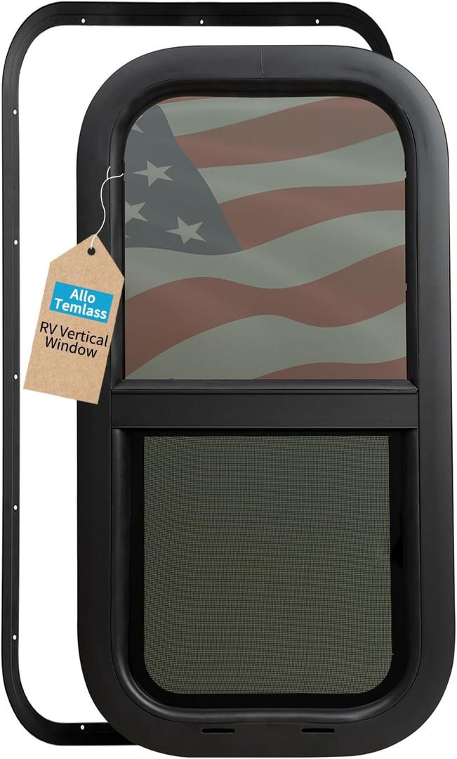 Vertical RV Window 12" W x 24" H Sliding RV Window with Net Screen and Trim Ring, RV Windows for Cargo Trailer Camper for 15/16" or 1-3/8" and Slightly Thicker Up to 1/16" Walls, DOT Approved
