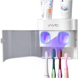 Boperzi Toothbrush Holder Wall Mounted Toothpaste Dispenser Gray Dustproof Cover for Shower Bathroom Set with 2 Toothpaste Squeezers (Not Electric)