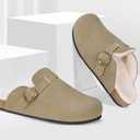 Mens Womens Fur Lined Clogs Suede Slip on Mules Warm Plush Fleece Lining Winter House Slippers Comfort Footbed with Arch Support and Adjustable Buckle, Beige 12 Women/11 Men
