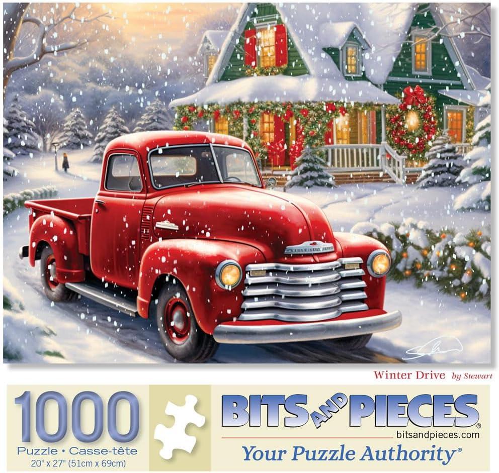 Bits and Pieces 1000 Piece Puzzles for Adults - Large 20" x 27" Jigsaw Puzzles 1000 Pieces Christmas Vintage Red Truck, No 2 Pieces Alike, Winter Drive