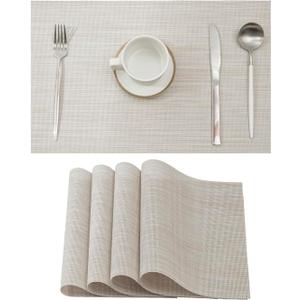 Leetaltree Beige White Placemats Set of 4 - Heat Resistant Non-Slip Place mats for Dining Table, Washable Durable PVC Vinyl Woven Table MatsBeige White, 4