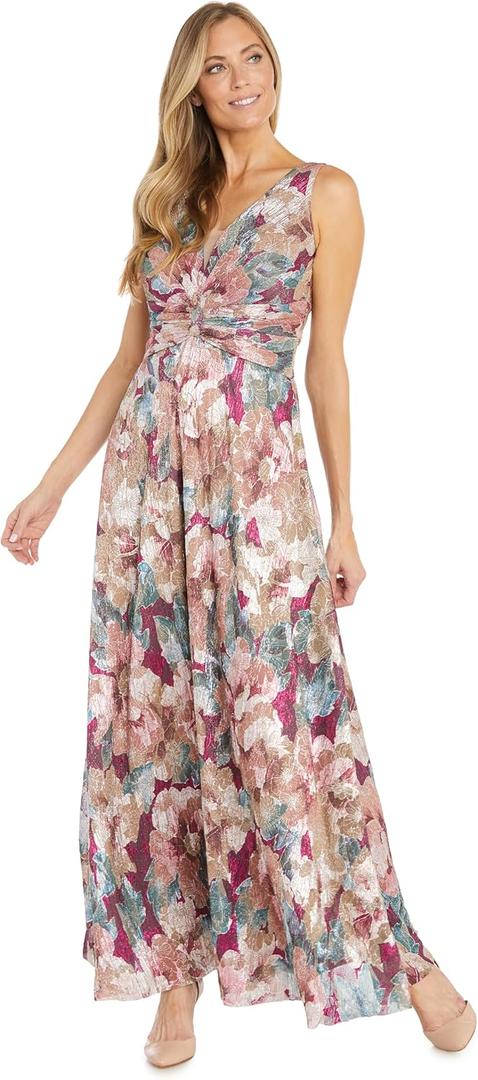 R&M Richards Women's Elegant Textured Floral Print Maxi Dress | V-Neck Gown W/Ruched Knotted Waist | Evening Cocktail Party (10 Petite)