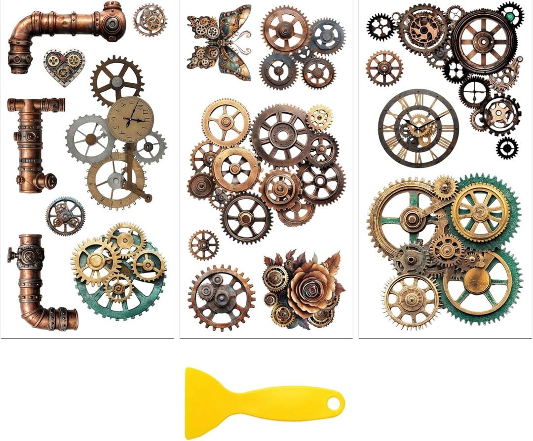 Peacoblue Rub on Transfer Decal Sticker for Furniture Craft Decor 6"x12" Steampunk Gears, 3Pcs Waterproof UV DTF Transfer for Drawer Dresser Glass Porcelain Wood Plastic