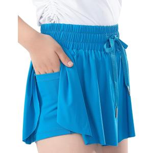 Girls Flowy Shorts with Spandex Liner, 2 in 1 Butterfly Shorts for Teen Girls with Pockets for Sports, Running, Athletic, Sky Blue, 12-14 Years