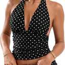 Women's Y2K Polka Dots Backless Halter Tops Sleeveless Ruched Fitted Low Cut Crop Top (Black, S)