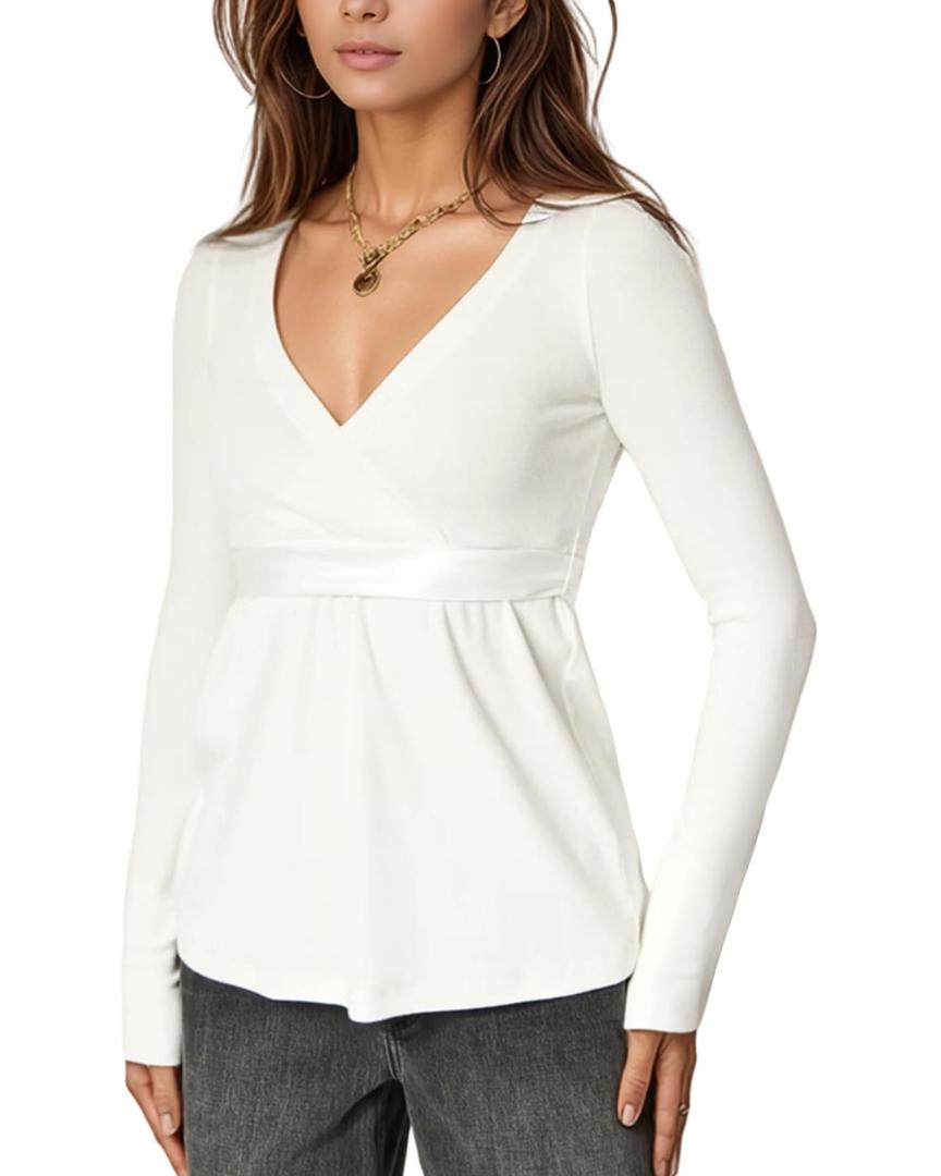 Women’s Long Sleeve Wrap V Neck Babydoll Top, Flowy Hem Fall Fashion Tunic Tops White (White, L)