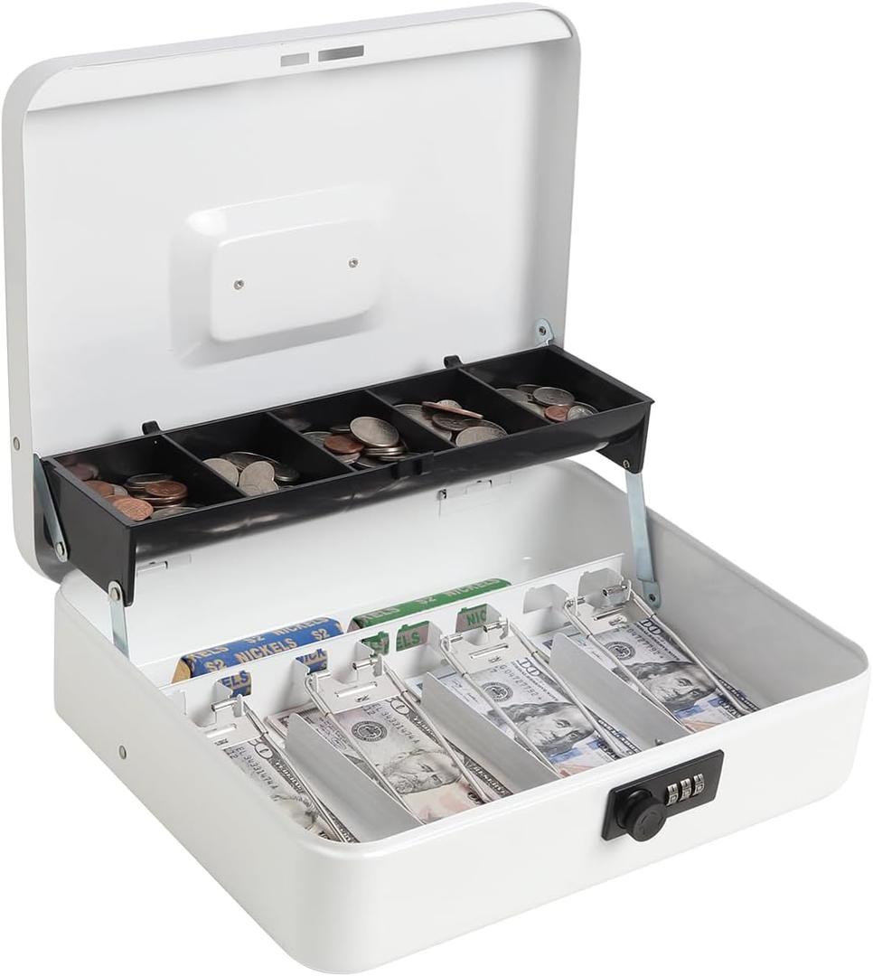 Cash Box with Money Tray and Combination Lock, Parrency Large Money Box, 5 Compartments for Coins & 4 Spring-Loaded Clips for Bills, 11 4/5" x 9 2/5" x 3 1/2", White