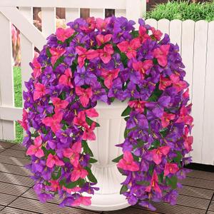 Livole 2Pcs Bougainvillea Artificial Flowers for Outdoors, Realistic UV Resistant Faux Outdoor Plants Flowers, Silk Hanging Fake Flowers for Outside Home Porch Patio Balcony Garden Decor Red Purple