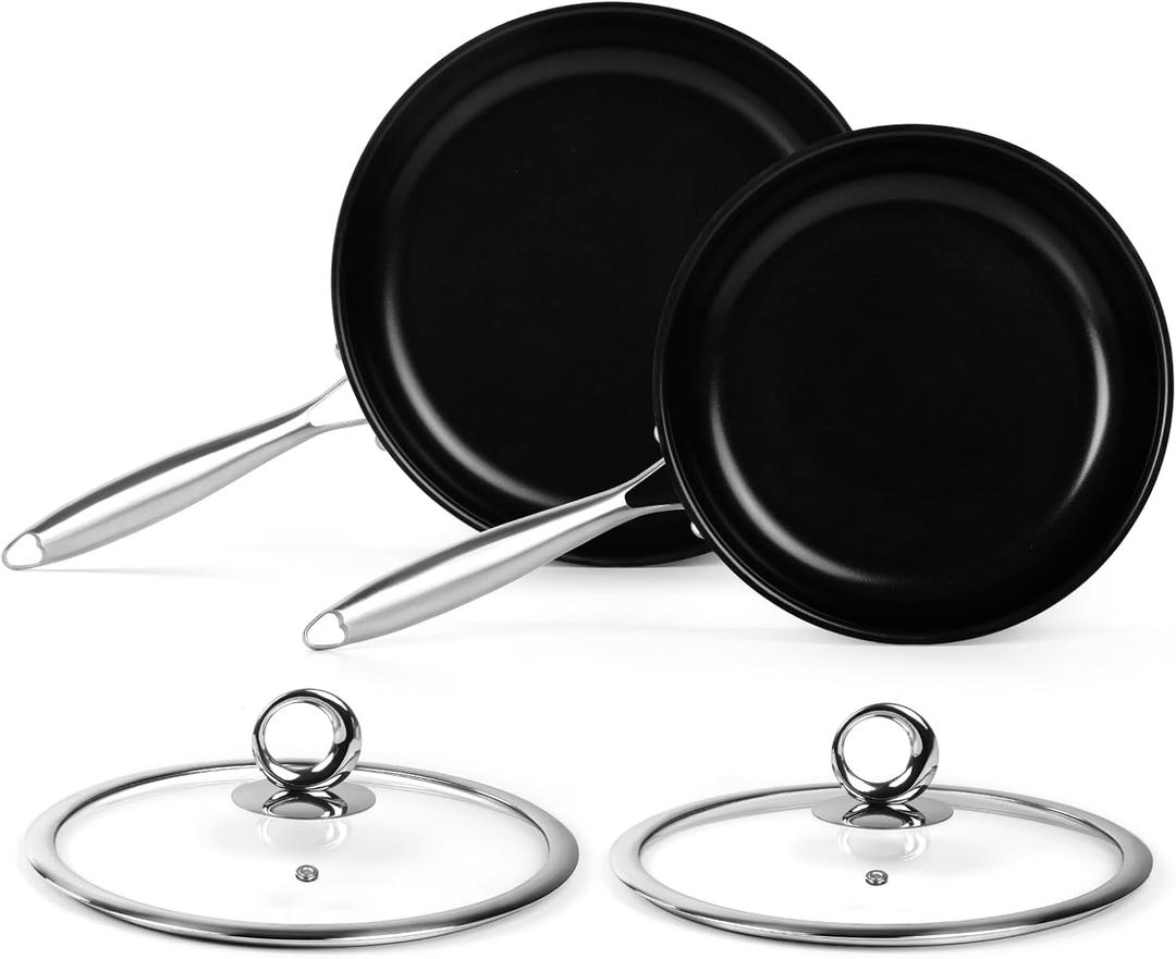 Stainless Steel Frying Pan Set, Titanium Ceramic 10 and 12 Non Stick Frying Pan Skillet Set with Lids, No Toxic Nonstick Egg Omelet Cooking Pan Set, Induction Compatible, PFAS&PTFE Free