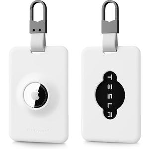 PROfezzion 2 Pack Tesla Key Card Holder with AirTag Slot, Plastic Card Holder for Model 3 Y S X Cybertruck with Keychain Keyrings, Key Card Protective Case Cover for Tesla - White