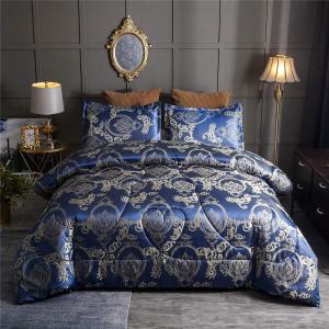 Comforter Set Satin Silk Blanket All Season Bed Luxury Royal Blue Jacquard Quilt Bedding Sets Matching 2 Pillow Shams (Queen, 88x88 inches, 3 Pieces)