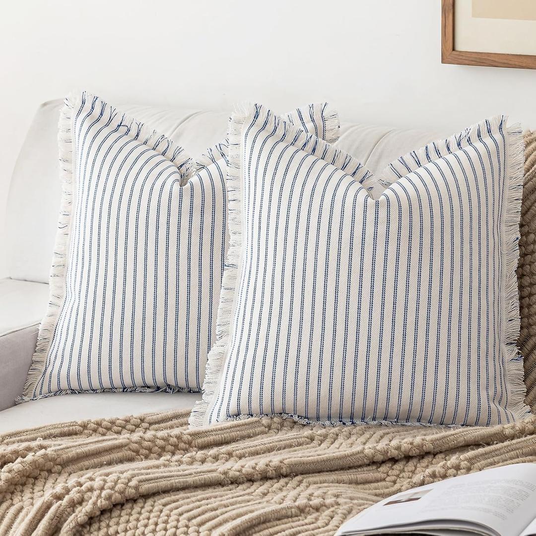 Striped Farmhouse Throw Pillow Covers 18X18 Set of 2 Boho Pillow Cover with Fringe Tassel Chic Cotton Decorative Pillows Modern Neutral Square Cushion Pillowcase for Sofa Couch Bed, Blue