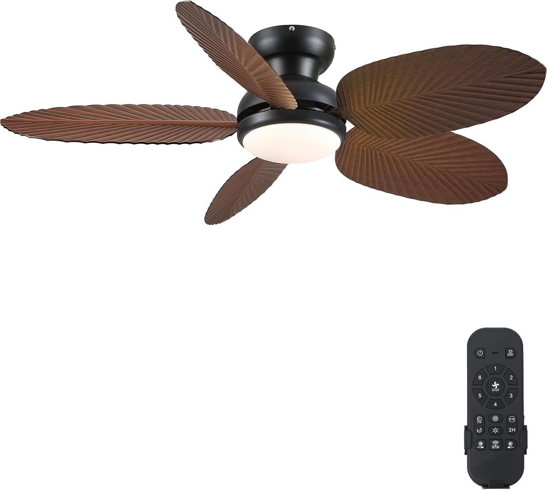 Tropical Ceiling Fans with Lights and Remote/APP Control, 45 Inch Low Profile Flush Mount Ceiling Fans, Palm Leaf Ceiling Fan with Light for Bedroom Patios Porch Outdoor, Brown