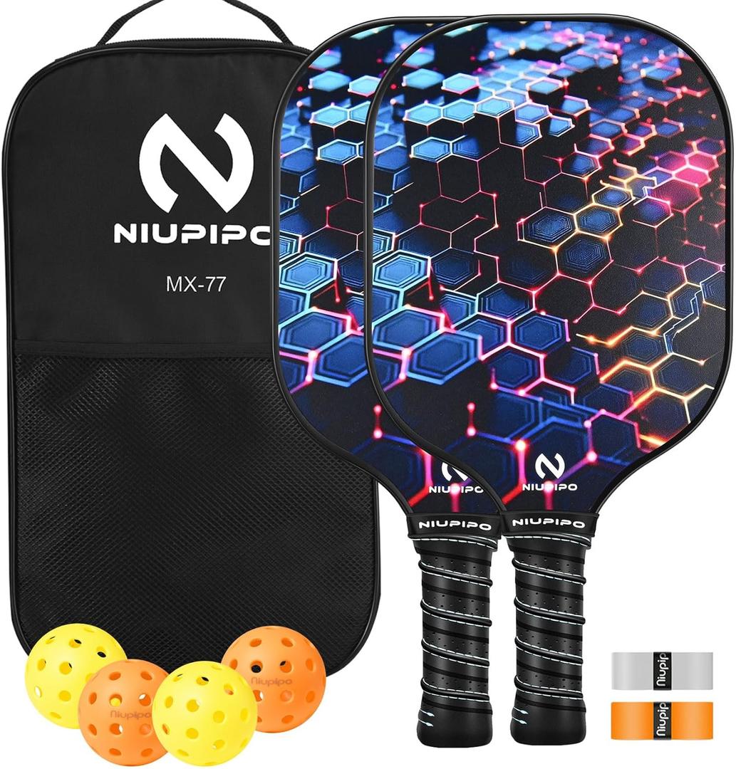 niupipo Pickleball Paddles Set of 2/4, USAPA Approved Lightweight Pickleball Rackets, Durable Fiberglass Surface with Polypropylene Honeycomb Core, Cushion Grip and Carry Bag (Blue & Purple)