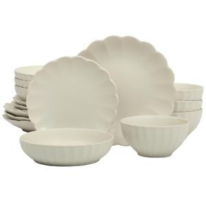 Gibson Elite Malibu Shore 15 Piece Scallop Stoneware Reactive Glaze (Service for 4) Ceramic Plates and Bowls Dinnerware Set - Cream White