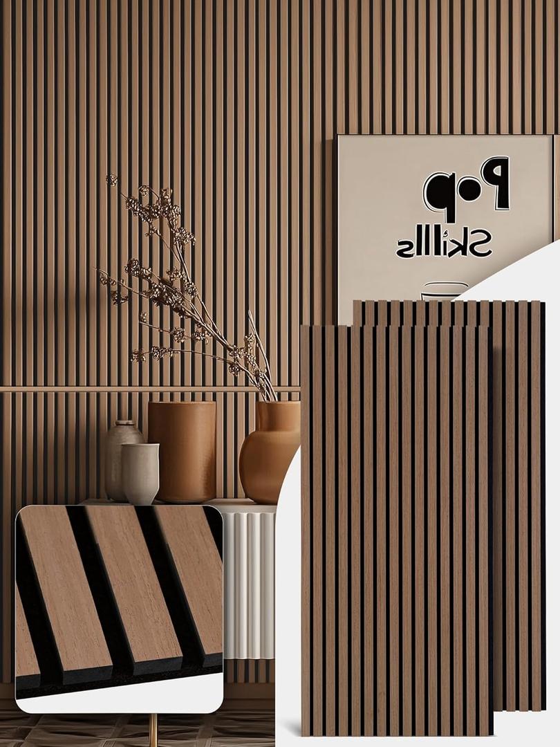 Mollywell Wood Panels for Wall, Time-Saving Installation, Versatile Wood Slat Wall Decor, Enhanced Acoustic & Sound Proof Fluted Design for Home & Office, 2 Pcs Teak, 47.2x23.6 Inch