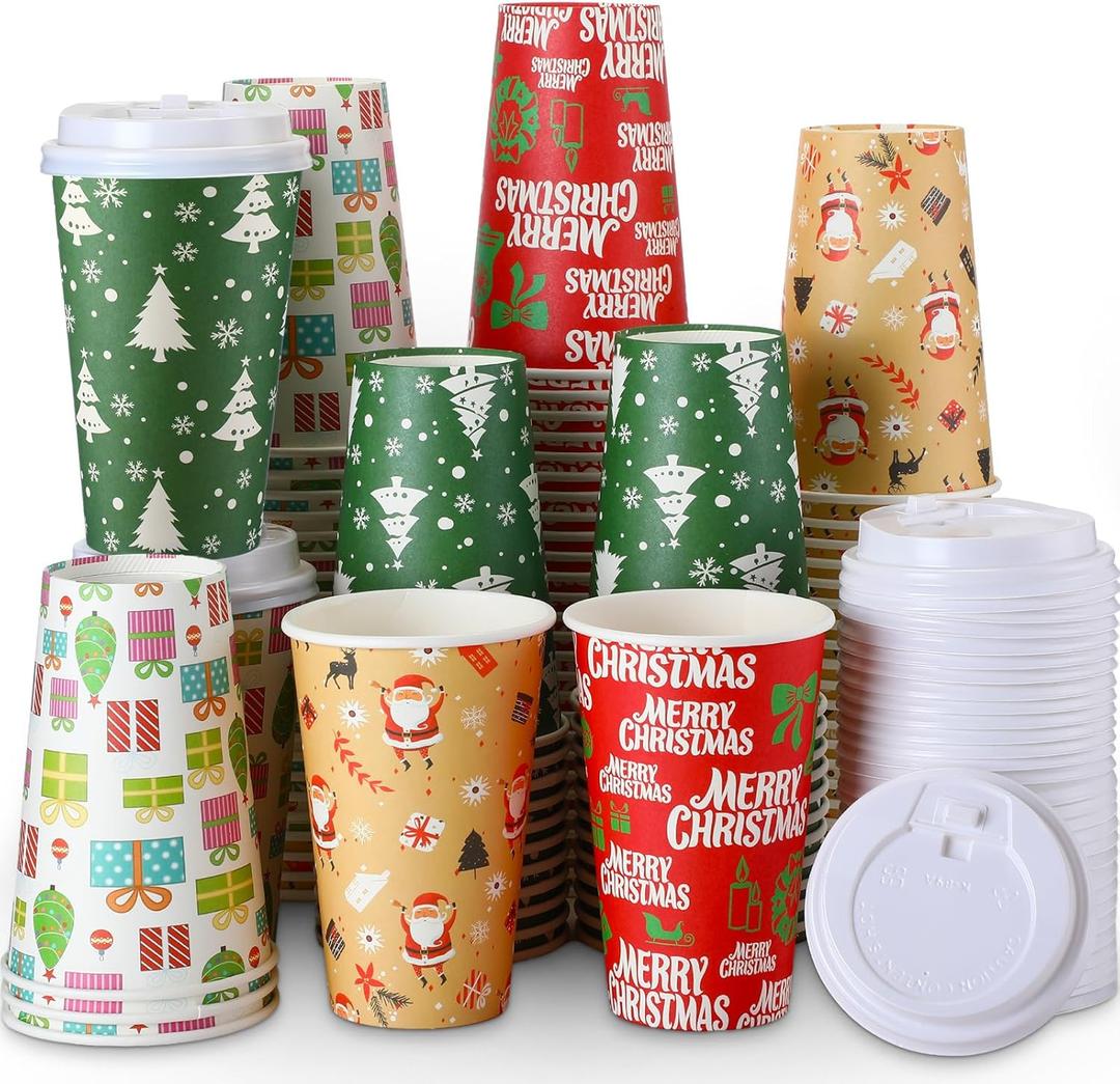 Zhehao 100 Pcs Christmas Disposable Coffee Cups with Lids 16 Oz Holiday Disposable Paper Snowman Santa Cups Xmas Party Cups for Hot Cocoa Chocolate Tea