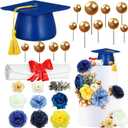 50 Pcs Resin Graduation Cake Cupcake Toppers Cap and Diploma Gold Balls Kit Congrats Grad Cake Decorations for 2025 Master Graduation Party Middle High School Supplies(Blue)