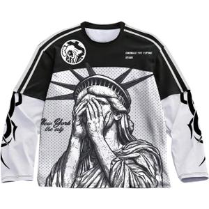 VIPWOLF Men's Number Graphic Long Sleeve Jersey Shirts Oversized Y2K Round Neck 2 in 1 T-Shirts Streetwear Top, Small