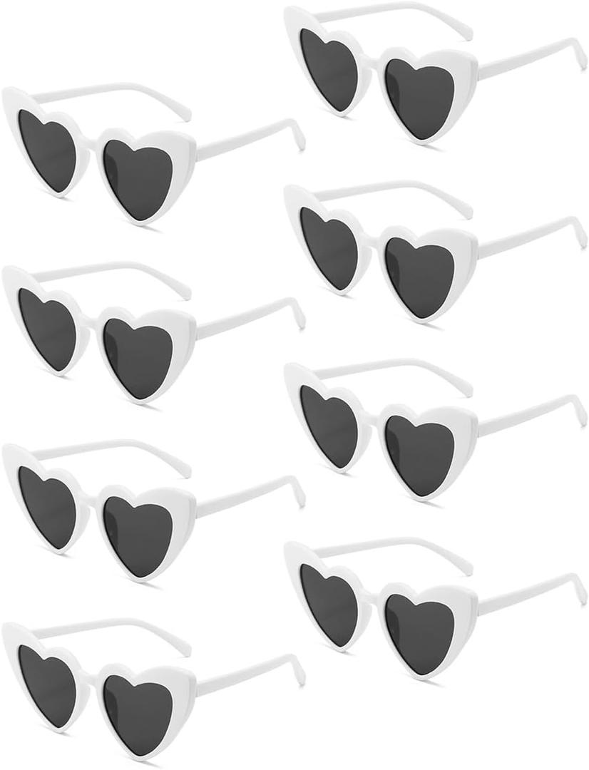 8 Pack Heart Sunglasses Vintage Cat Eye Heart Glasses Retro Bachelorette Bride Sunglasses Bulk for Women (White)