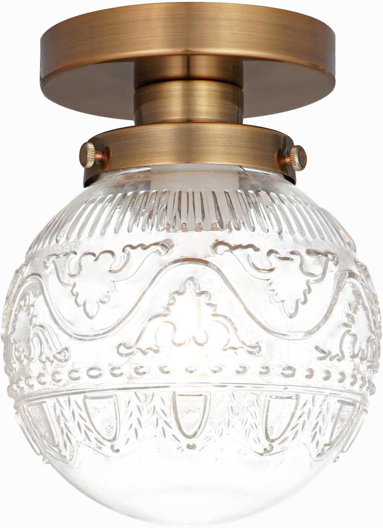 Small Semi Flush Mount Ceiling Light, Modern Globe Clear Glass Ceiling Light Fixture, Vintage Brass Gold Hallway Light Fixtures for Kitchen, Entryway, Bathroom, Closet