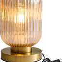 Glass Table Lamps Mid Century Modern Globe, Dimmable Amber Glass Table Lamp for Nightstand, Small Gold Table Lamp, Amber Pumpkin Design Ribbed Vintage Bedside Lamp for Bedroom Living Room Office (5.9'')