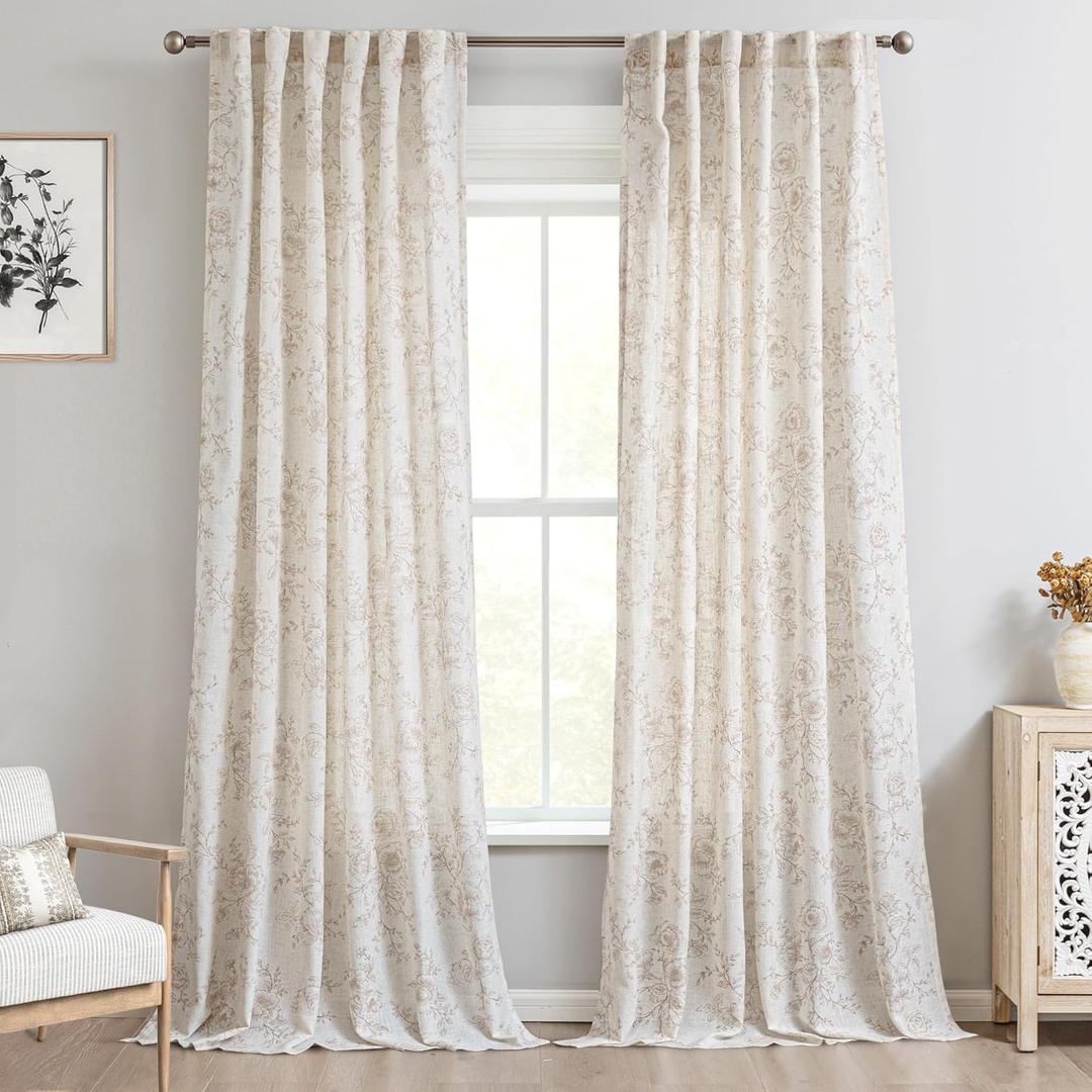 Brown Floral Curtains 84 inch Length Back Tab Farmhouser Living Room Light Filtering Curtains Brown Pattern Print on Cream White Linen Curtain Minimalist Aesthetic Sketch Style Vintage Room Decor (52"W x 84"L (Pack of 2))
