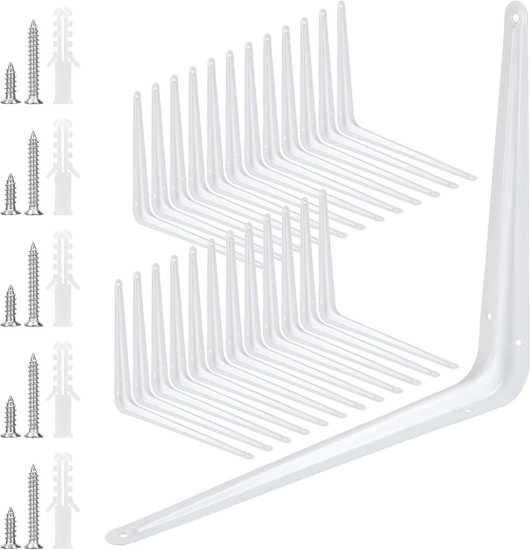 SOUJAP 24 Pack 10 x 12 Inch White Shelving Brackets, Metal L Brackets Supports, Wall Corner Angle Shelf Brackets with 144 Screws and 72 Plastic Expansion Tubes for Wall Hanging