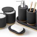 7PCS Bathroom Accessories Set, with Soap Dispenser, Q-tip Holder, Toothbrush Holder, Tumbler, Soap Dish, Vanity Tray, Bathroom Set Complete Organizer Countertop for Modern Decor, Black